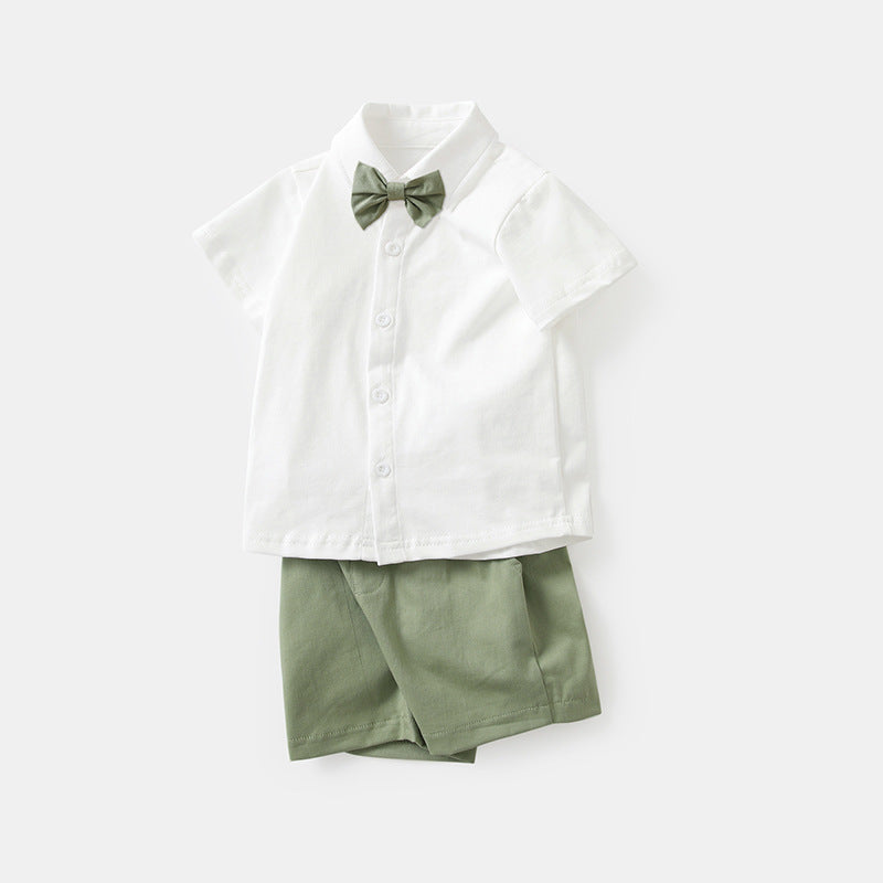 2 Pieces Set Baby Kid Boys Solid Color Bow Shirts And Shorts Wholesale 23040740