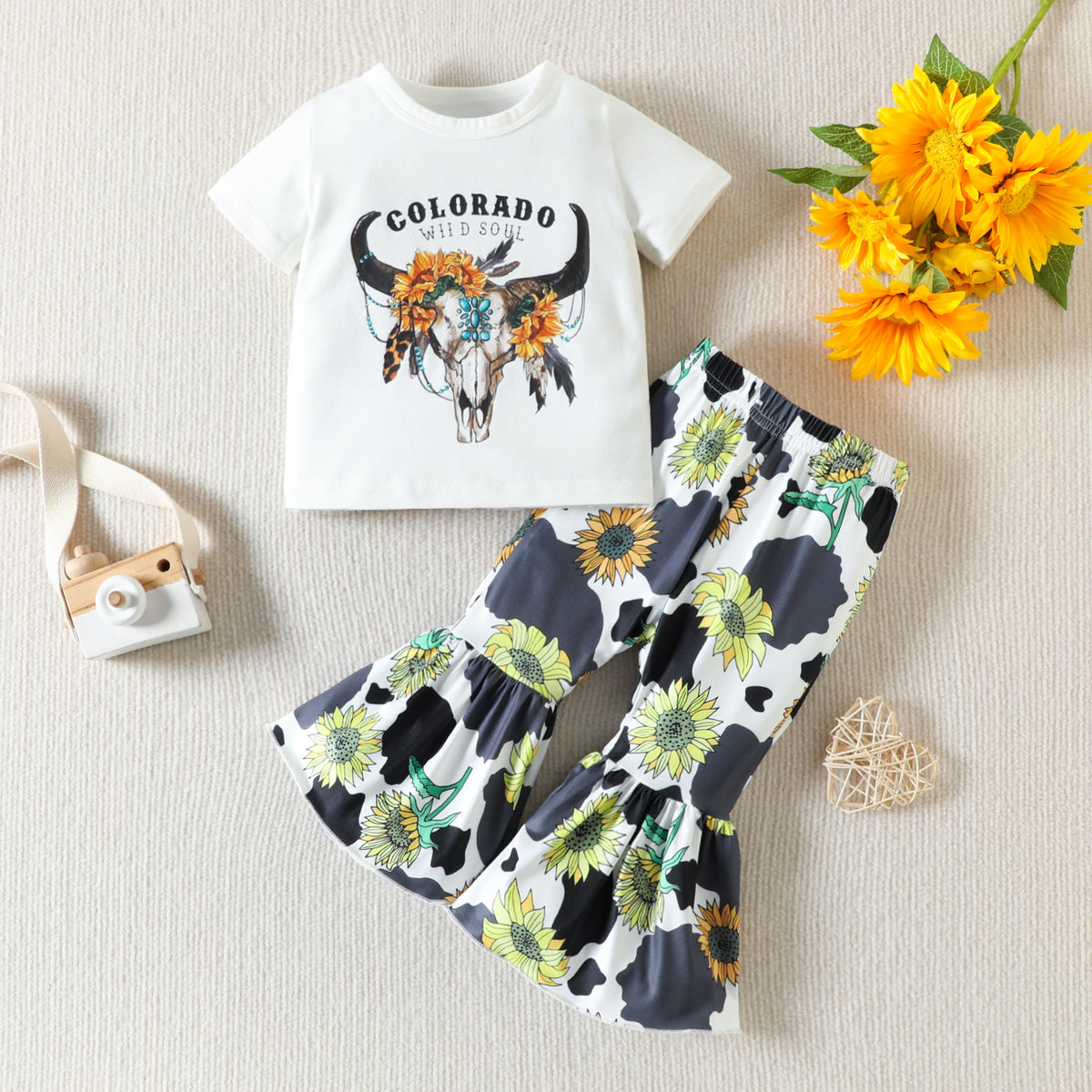 2 Pieces Set Baby Kid Girls Letters Cartoon Print T-Shirts And Flower Pants Wholesale 23040758