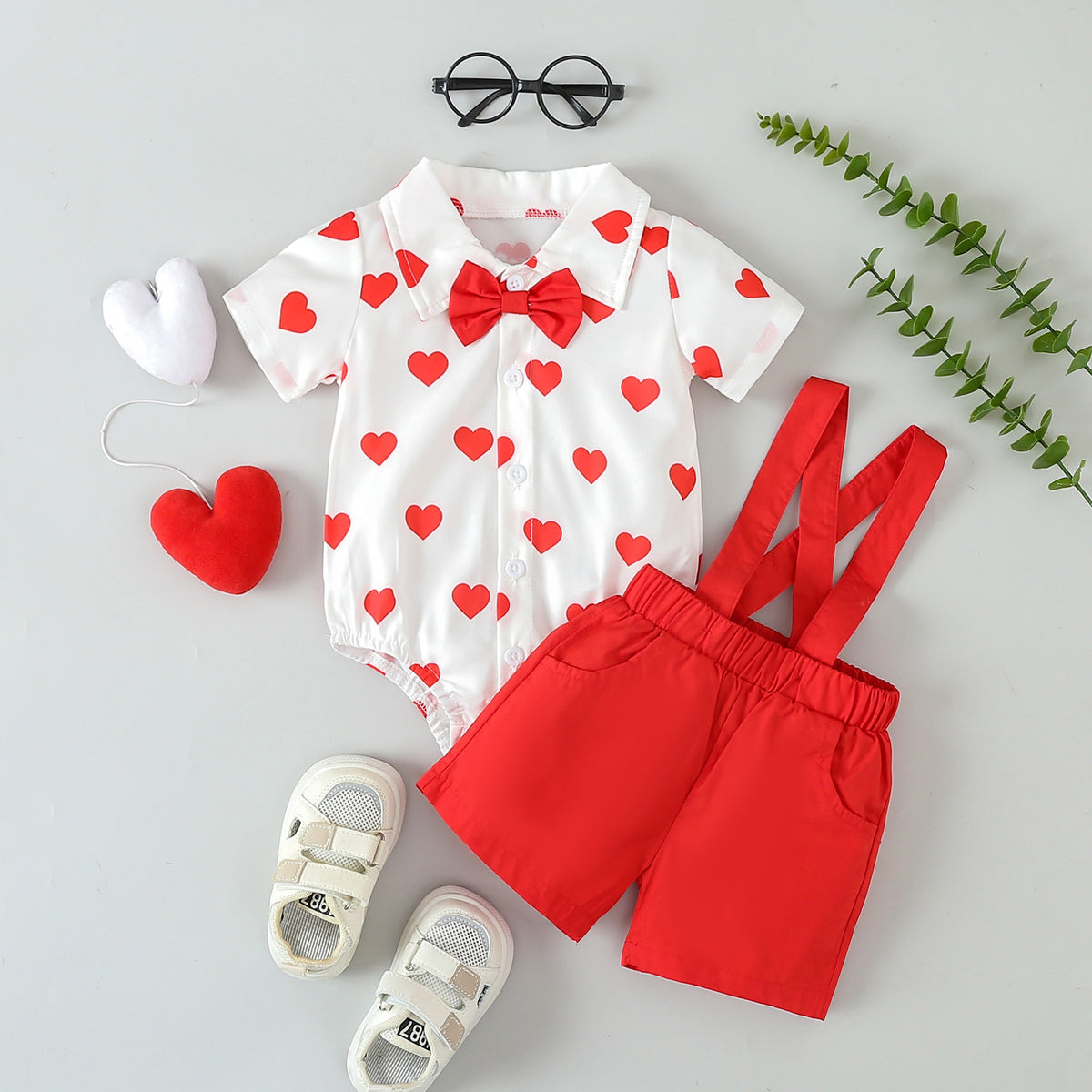 2 Pieces Set Baby Boys Love heart Rompers And Solid Color Shorts Wholesale 24030178