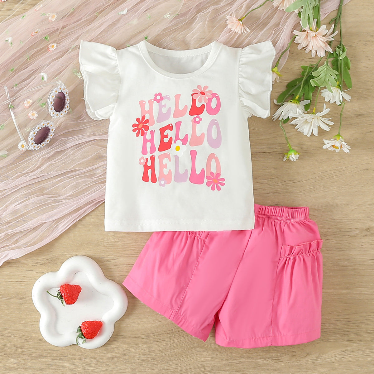 2 Pieces Set Baby Kid Girls Letters Tops And Solid Color Shorts Wholesale 24030185
