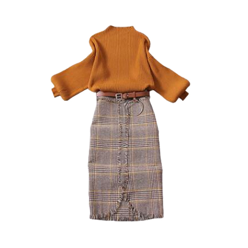 2 Pieces Set Women Solid Color Sweaters And Checked Skirts Wholesale 211220112