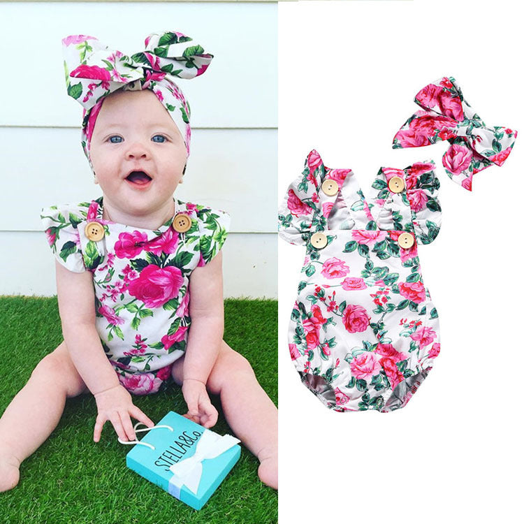 Baby Girls Flower Print Rompers And Accessories Headwear Wholesale 22021405