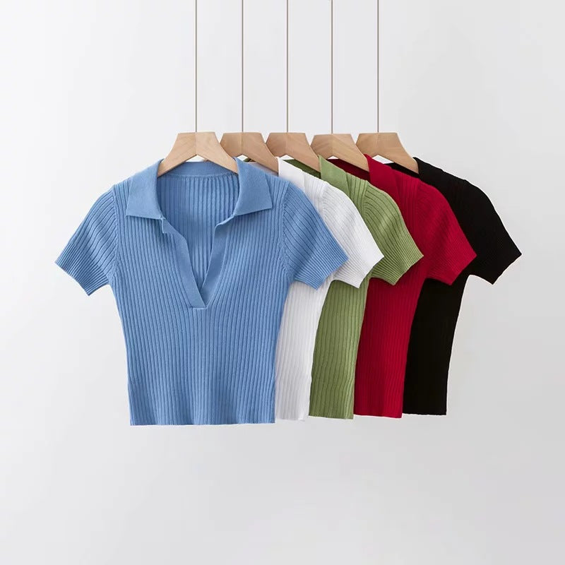 Women Solid Color Muslin&Ribbed Polo Shirts Knitwear Wholesale 220224202