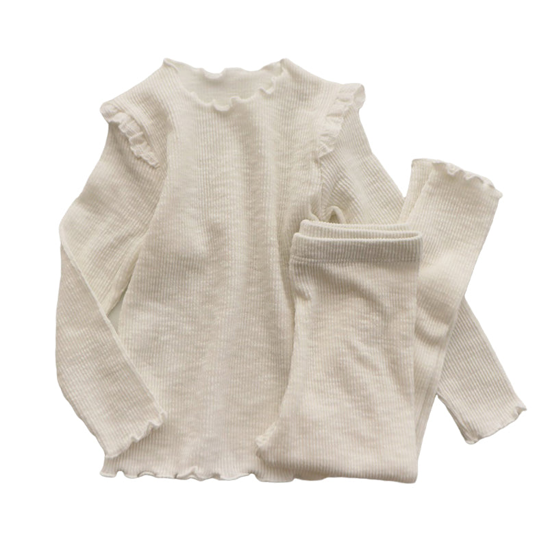 2 Pieces Set Baby Kid Girls Solid Color Muslin&Ribbed Tops And Pants Wholesale 220302183