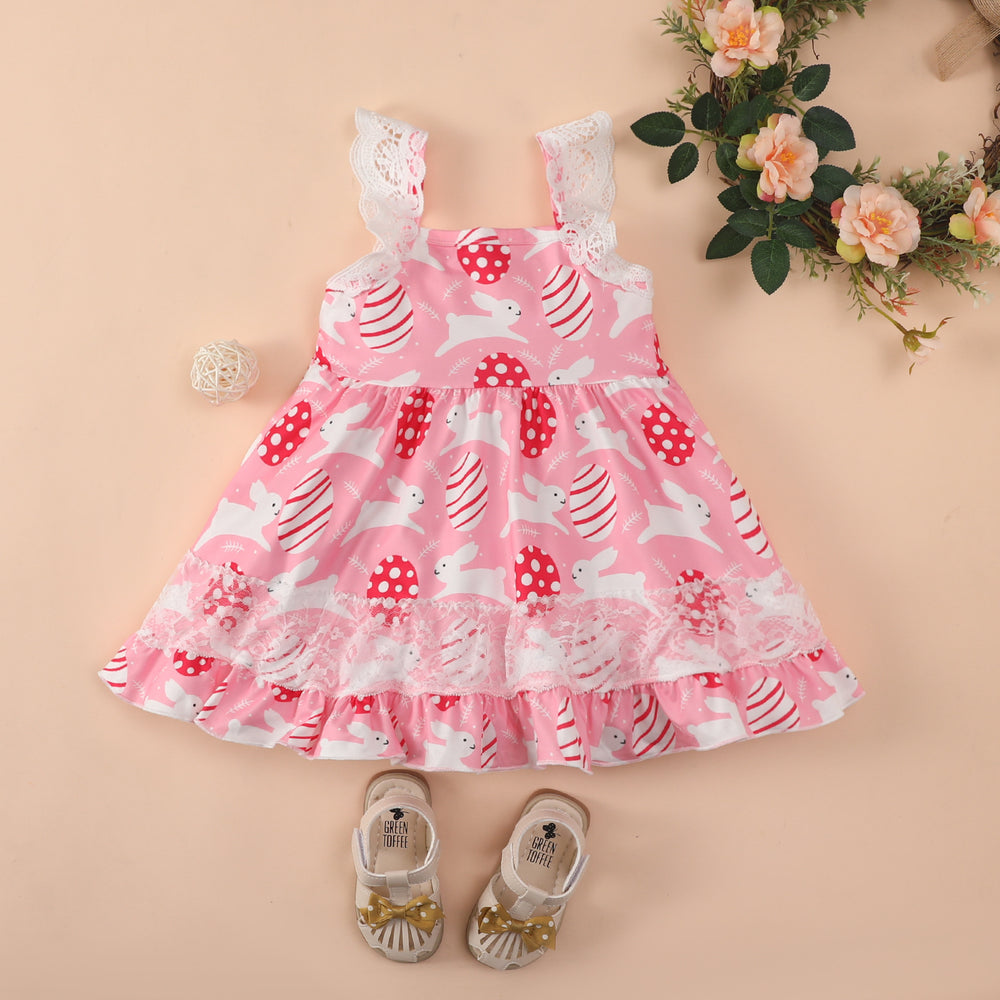 Baby Kid Girls Animals Lace Print Easter Dresses Wholesale 220315222