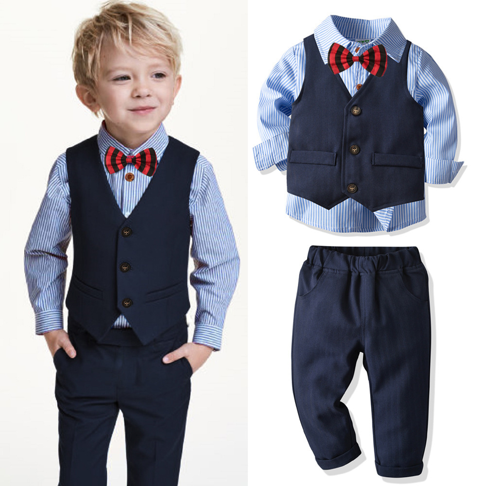 3 Pieces Set Baby Kid Boys Birthday Party Striped Bow Shirts Solid Color Vests Waistcoats And Pants Wholesale 220411195