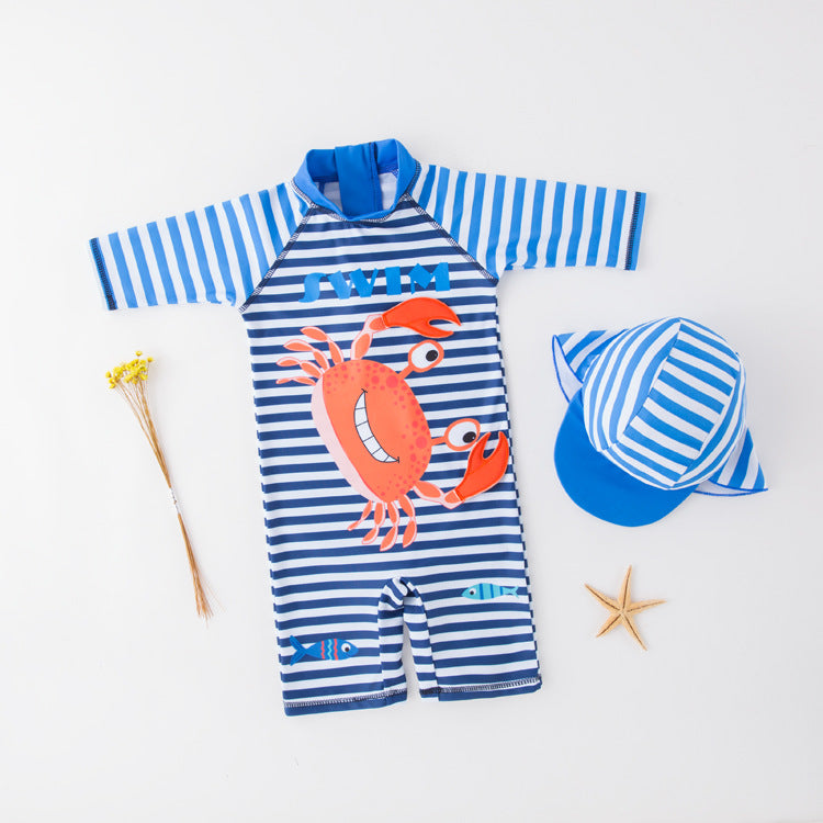 Kid Boys Striped Letters Color-blocking Cartoon Print Beach Jumpsuits Swimwears Wholesale 22042916