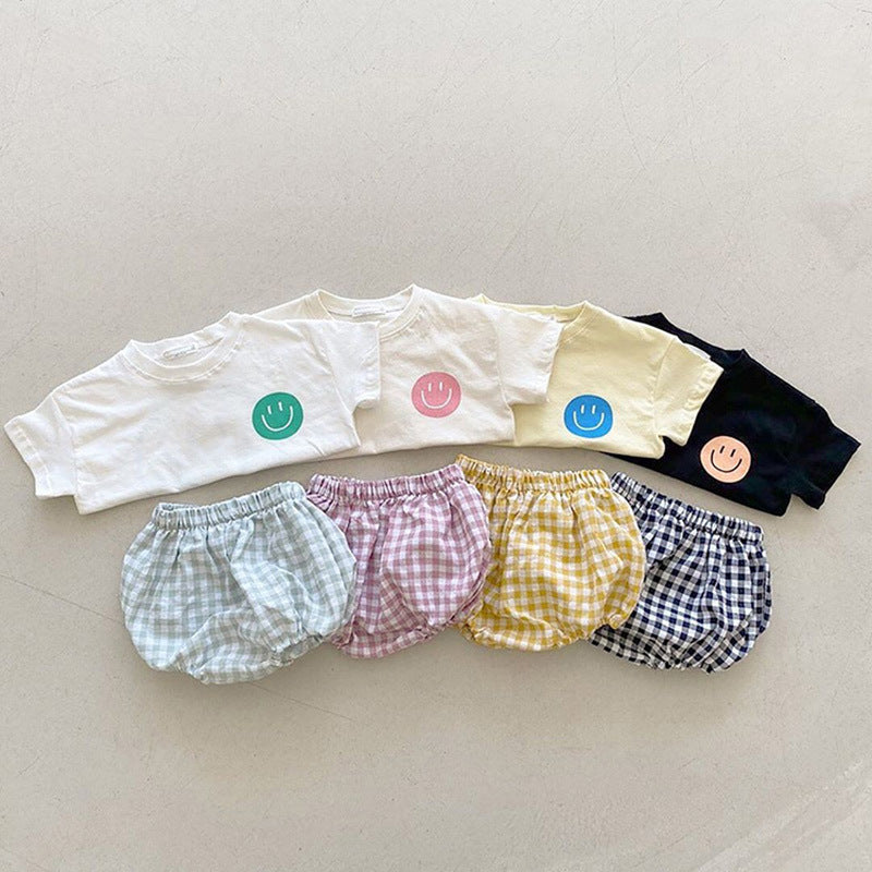 2 Pieces Set Baby Unisex Expression T-Shirts And Checked Shorts Wholesale 220526215