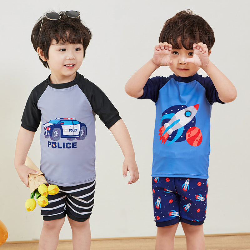 Baby Kid Boys Striped Car Cartoon Print Beach Swimwears Wholesale 220606356