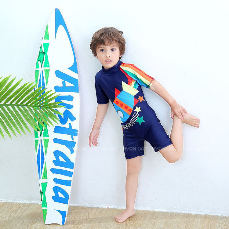 Kid Boys Rainbow Cartoon Print Beach Rompers Swimwears Wholesale 220616126