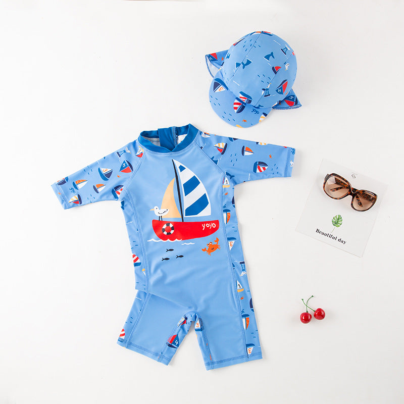 Baby Kid Boys Cartoon Print Beach Rompers Swimwears And Hats Wholesale 220616179