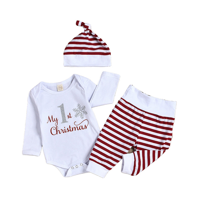 4 Pieces Set Baby Unisex Christmas Letters Print Rompers Striped Color-blocking Pants Hats And Headwear Wholesale 22062211