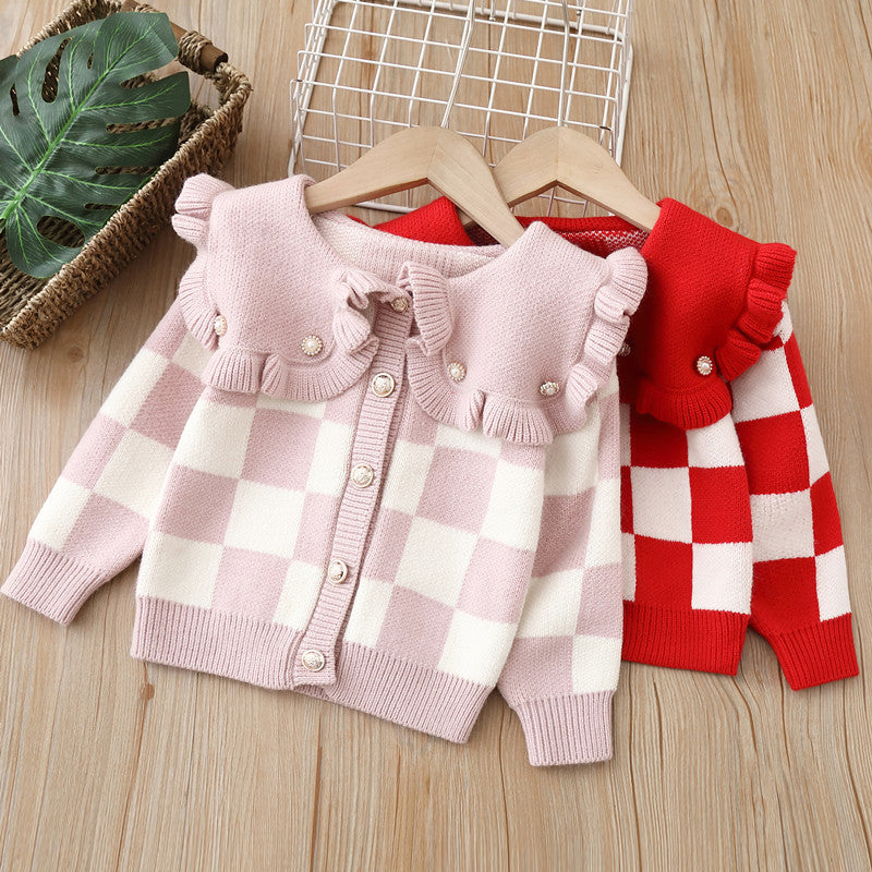 Baby Kid Girls Checked Crochet Cardigan Knitwear Wholesale 220819394