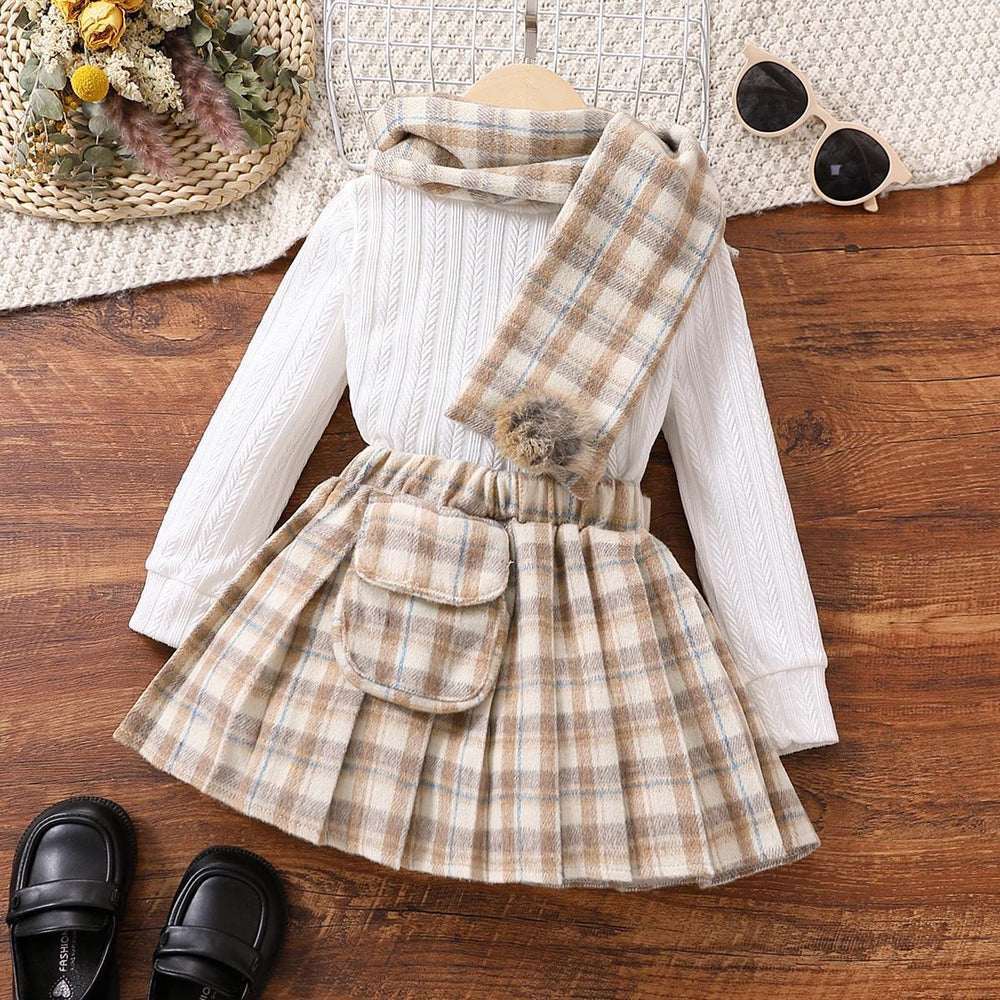 2 Pieces Set Baby Kid Girls Solid Color Sweaters And Checked Skirts Wholesale 230103407