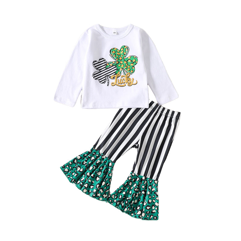 2 Pieces Set Baby Kid Girls St Patrick's Day Letters Tops And Striped  Leopard Pants Wholesale 230107231