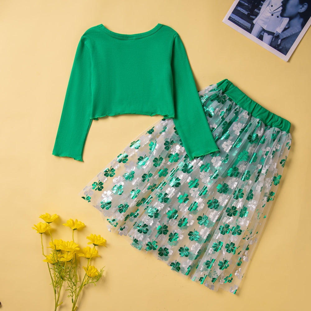 2 Pieces Set Baby Kid Girls St Patrick's Day Solid Color Tops And Flower Skirts Wholesale 230213344