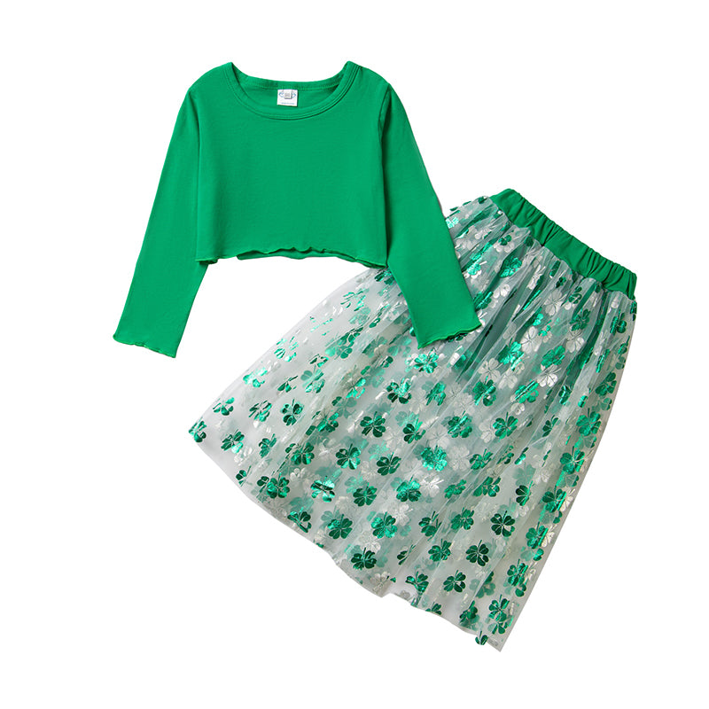 2 Pieces Set Baby Kid Girls St Patrick's Day Solid Color Tops And Clover Skirts Wholesale 230220164