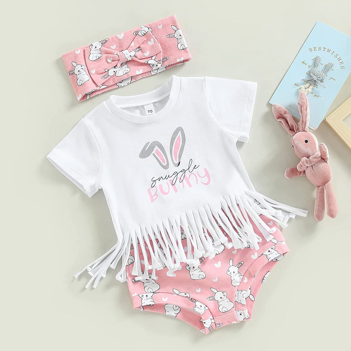 3 Pieces Set Baby Girls Easter Letters Tops Rabbit Shorts And Bow Headwear Wholesale 230407153