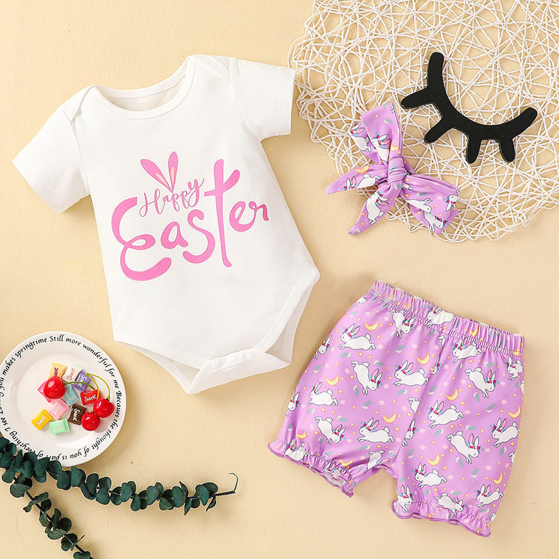 3 Pieces Baby Girl Easter Outfits Bodysuit & Shorts & Headband Wholesale 05802230