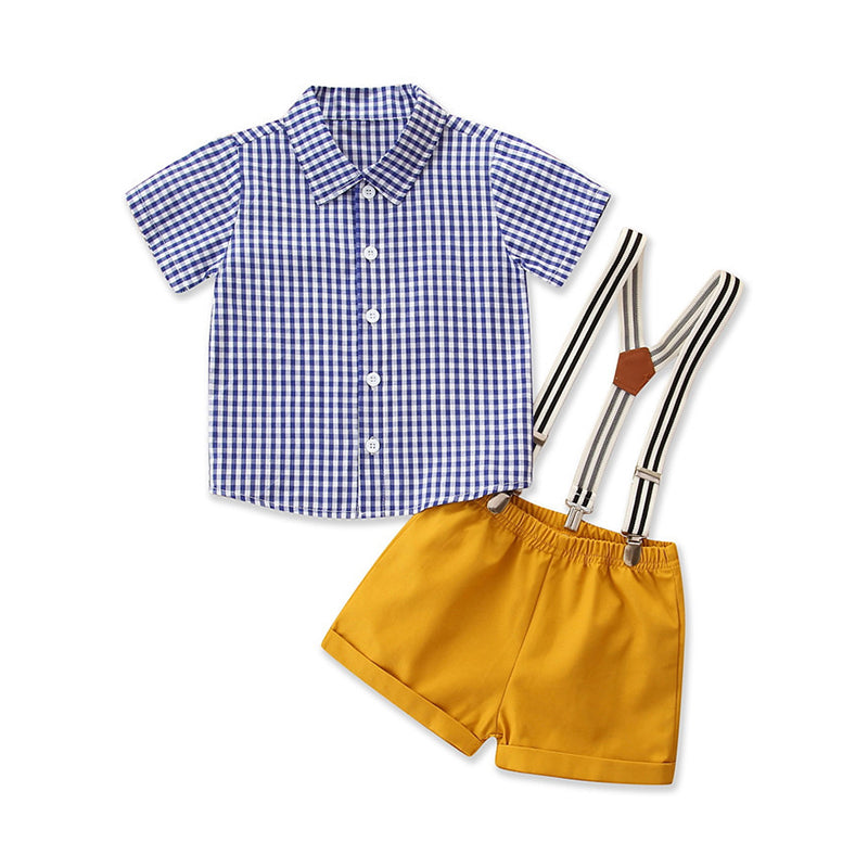 Two Pieces Boy Outfit Gird Shirt & Suspender Shorts Wholesale 66442689