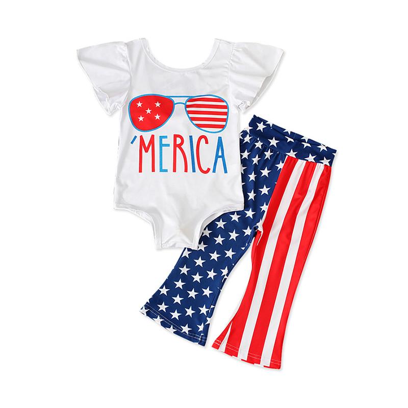 2-Piece Baby Toddler Girl Independence Day Set Off Shoulder Glasses Bodysuit With Flared Pants Wholesale 1499018