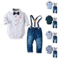 Load image into Gallery viewer, 2 Pieces Set Baby Boys Dressy Birthday Party Solid Color Striped Polka dots Checked Bow Rompers And Jeans Wholesale 211109276

