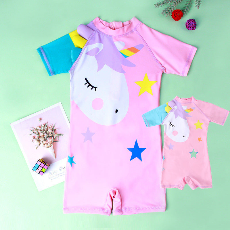 Kid Girls Star Unicorn Print Beach Jumpsuits Swimwears Wholesale 220412131