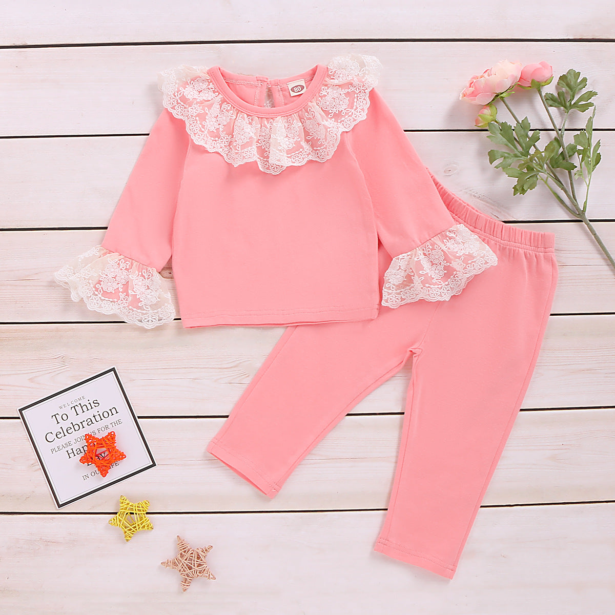 2 Pieces Set Baby Kid Girls Solid Color Lace Tops And Pants Wholesale 220510171