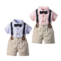Load image into Gallery viewer, 2 Pieces Set Baby Kid Boys Dressy Striped Bow Shirts And Solid Color Shorts Suits Wholesale 220526410
