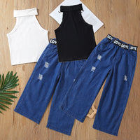 Load image into Gallery viewer, 2 Pieces Set Baby Kid Girls Solid Color Tank Tops And Ripped Pants Wholesale 220620384
