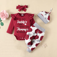 Load image into Gallery viewer, 4 Pieces Set Baby Girls Letters Rompers Flower Pants Headwear And Hats Wholesale 220831460
