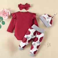 Load image into Gallery viewer, 4 Pieces Set Baby Girls Letters Rompers Flower Pants Headwear And Hats Wholesale 220831460
