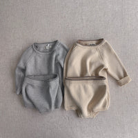 Load image into Gallery viewer, 2 Pieces Set Baby Unisex Solid Color Muslin&amp;Ribbed Sweaters And Shorts Wholesale 220920300
