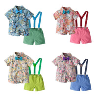 Load image into Gallery viewer, 2 Pieces Set Baby Kid Boys Birthday Party Flower Bow Print Shirts And Solid Color Shorts Wholesale 22121482
