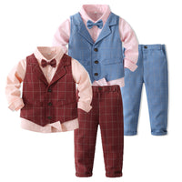 Load image into Gallery viewer, 3 Pieces Set Baby Kid Boys Birthday Party Solid Color Bow Shirts Checked Vests Waistcoats And Pants Wholesale 221216439
