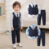 Load image into Gallery viewer, 3 Pieces Set Baby Kid Boys Birthday Party Solid Color Bow Shirts Checked Vests Waistcoats And Pants Wholesale 230210120
