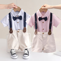 Load image into Gallery viewer, 2 Pieces Set Baby Kid Boys Dressy Striped Bow Shirts And Solid Color Suits Jumpsuits Wholesale 23022492
