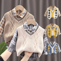 Load image into Gallery viewer, 3 Pieces Set Baby Kid Boys Checked Shirts Crochet Vests Waistcoats And Solid Color Pants Wholesale 230228207
