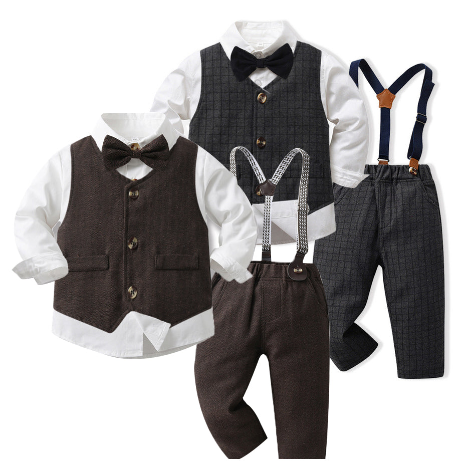 3 Pieces Set Baby Kid Boys Dressy Solid Color Checked Vests Waistcoats And Bow Shirts And Suits Jumpsuits Wholesale 230308385