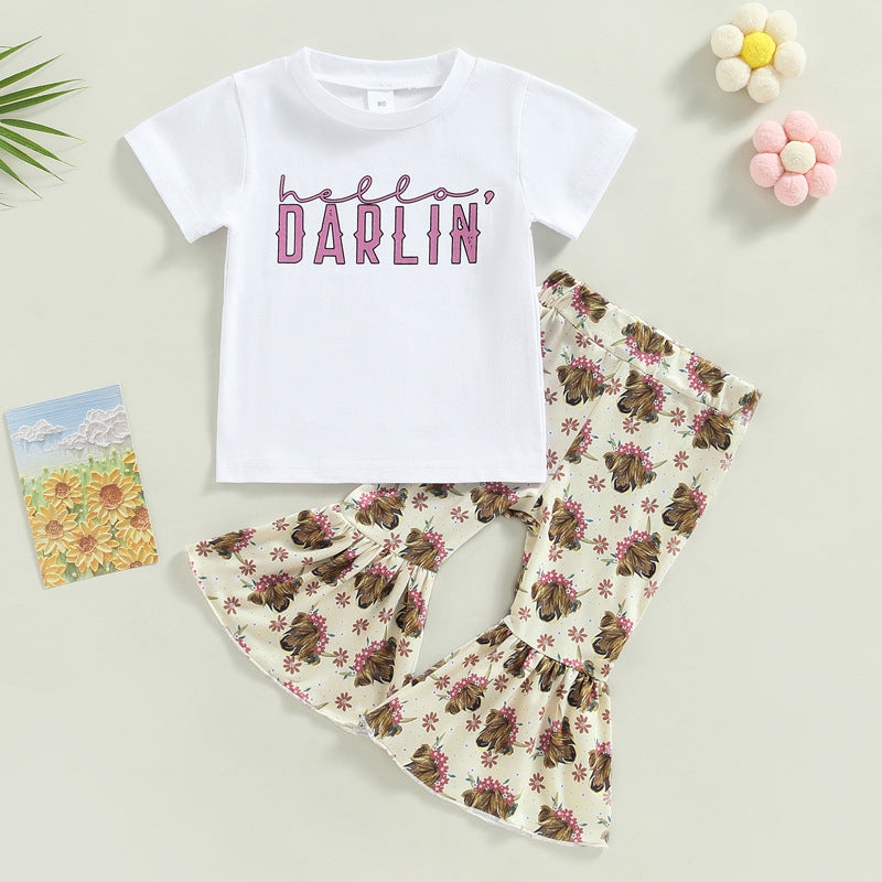 2 Pieces Set Baby Kid Girls Letters Cartoon Print T-Shirts And Pants Wholesale 230407190