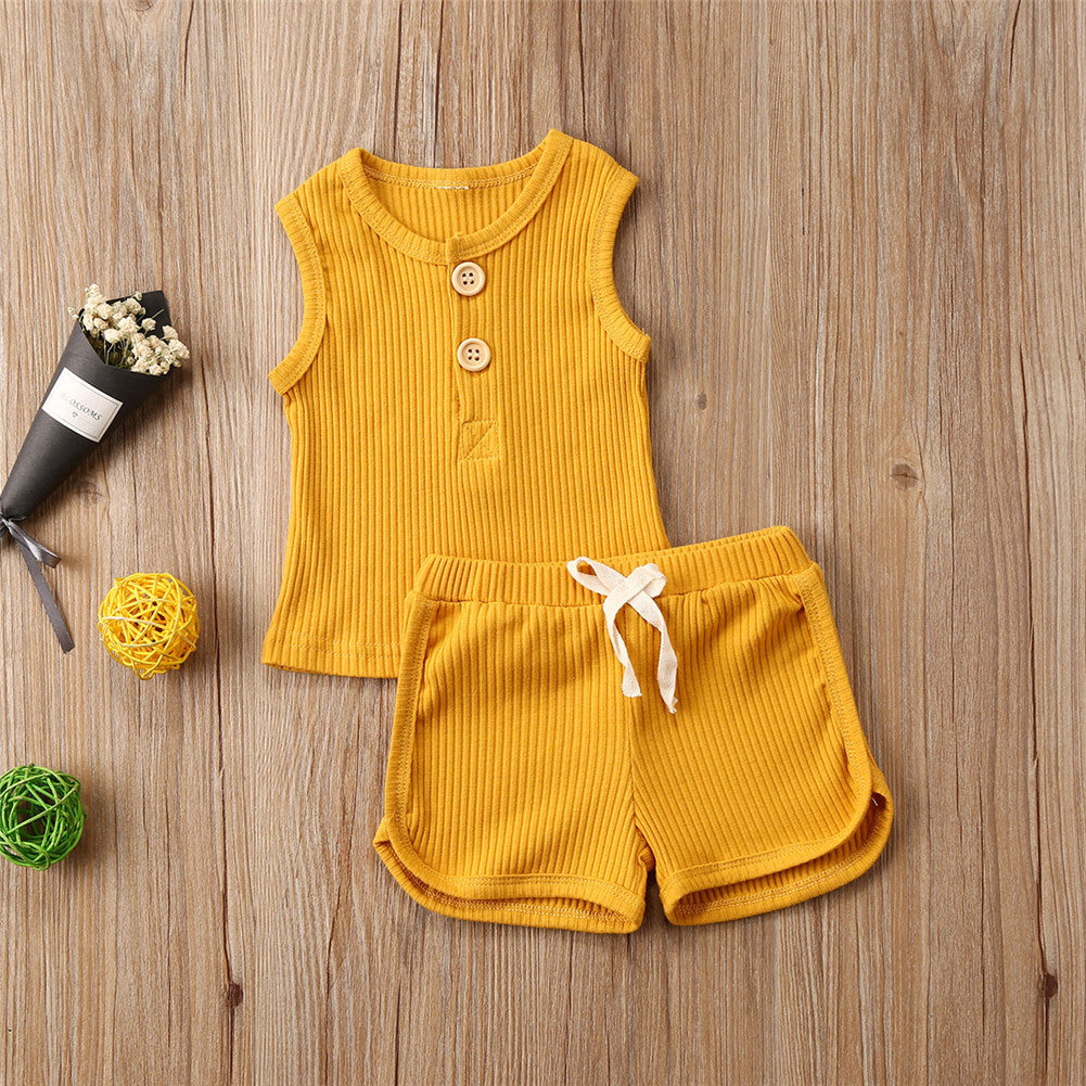 2 Pieces Set Baby Kid Girls Boys Solid Color Muslin&Ribbed Tank Tops And Shorts Wholesale 23040723