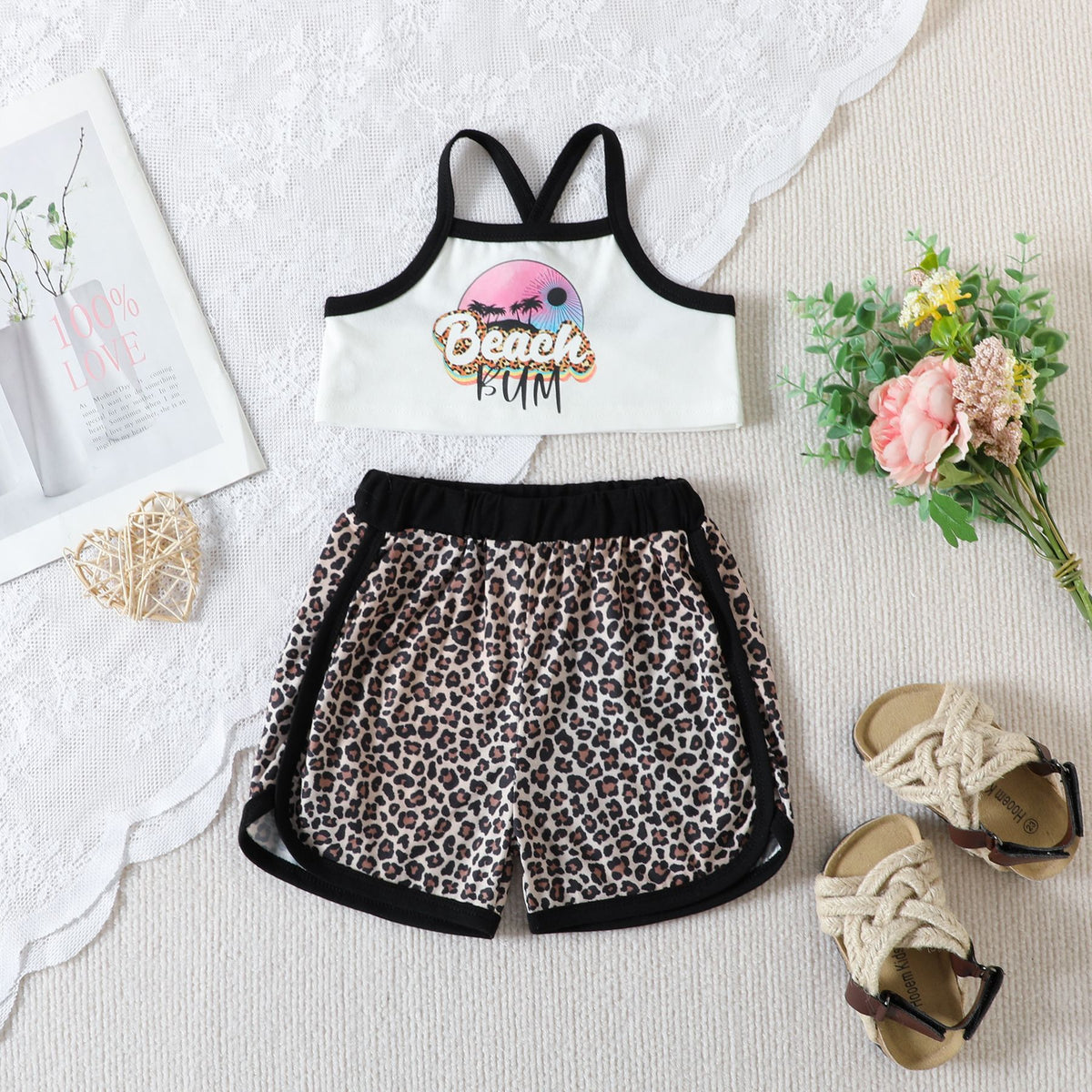 2 Pieces Set Baby Kid Girls Letters Color-blocking Print Tops And Leopard Shorts Wholesale 230407239