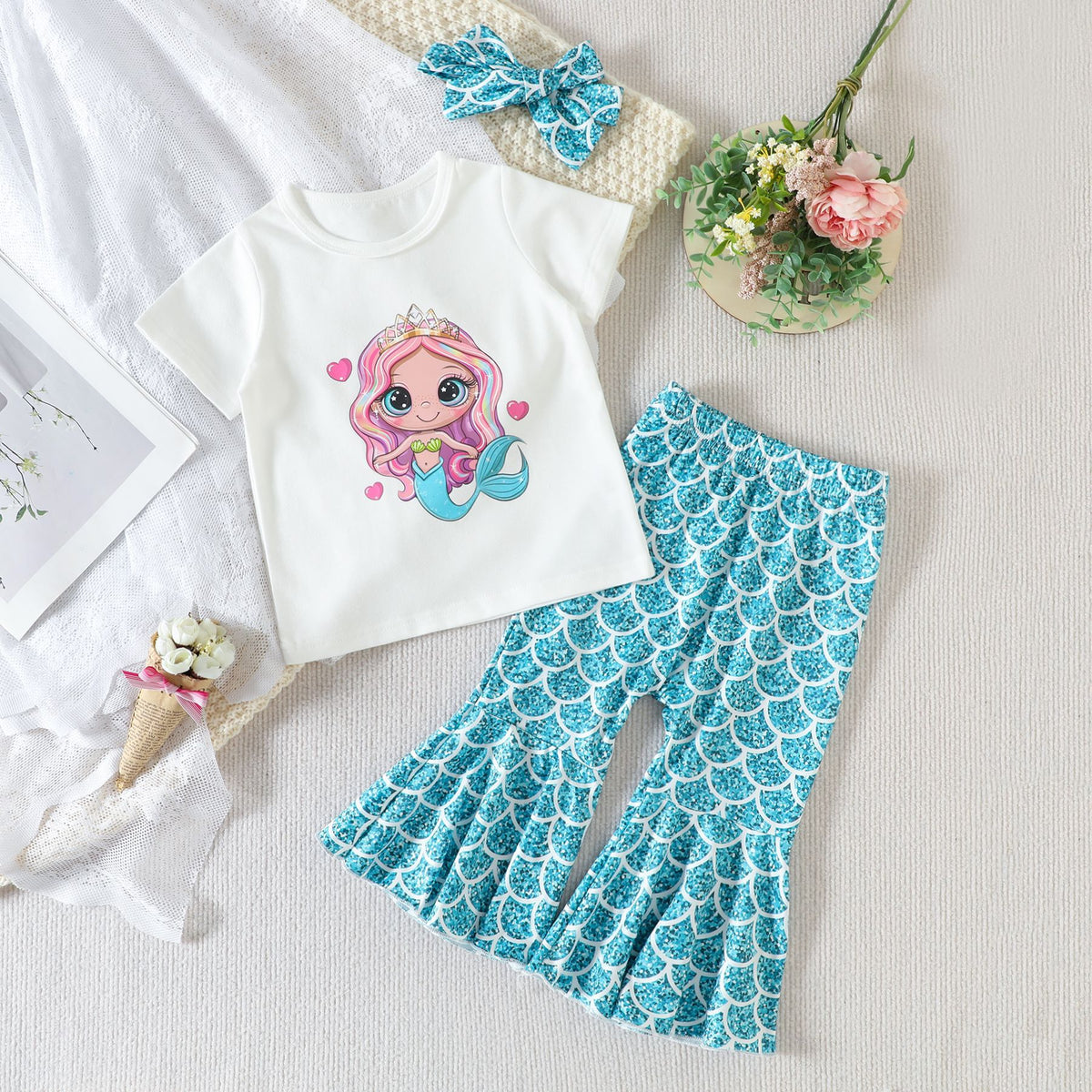 3 Pieces Set Baby Kid Girls Letters Cartoon Print T-Shirts And Pants And Bow Headwear Wholesale 230407240