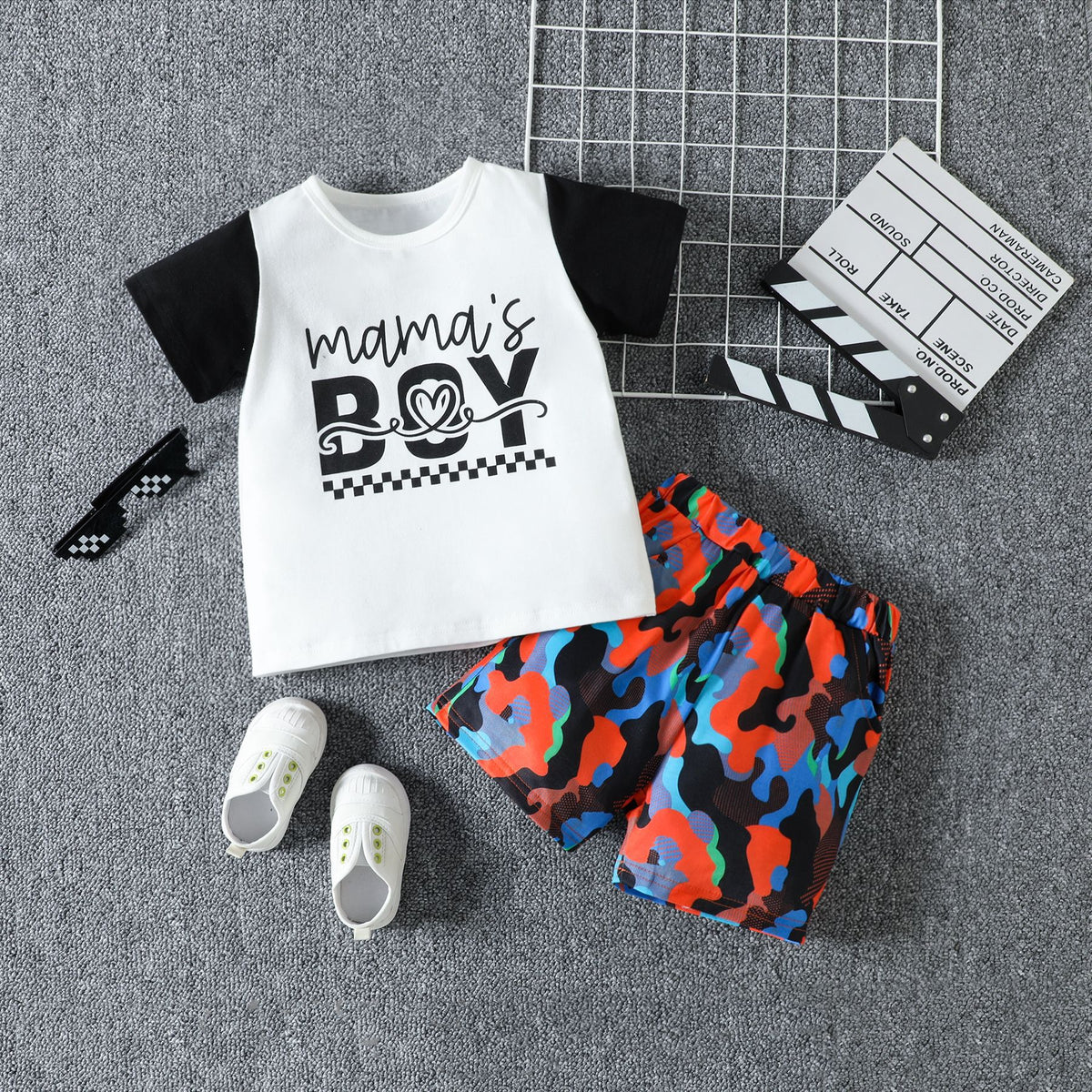 2 Pieces Set Baby Kid Boys Letters Color-blocking Print T-Shirts And Camo Shorts Wholesale 230407244