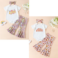 Load image into Gallery viewer, 3 Pieces Set Baby Girls Letters Flower Print Rompers And Pants And Bow Headwear Wholesale 230407248
