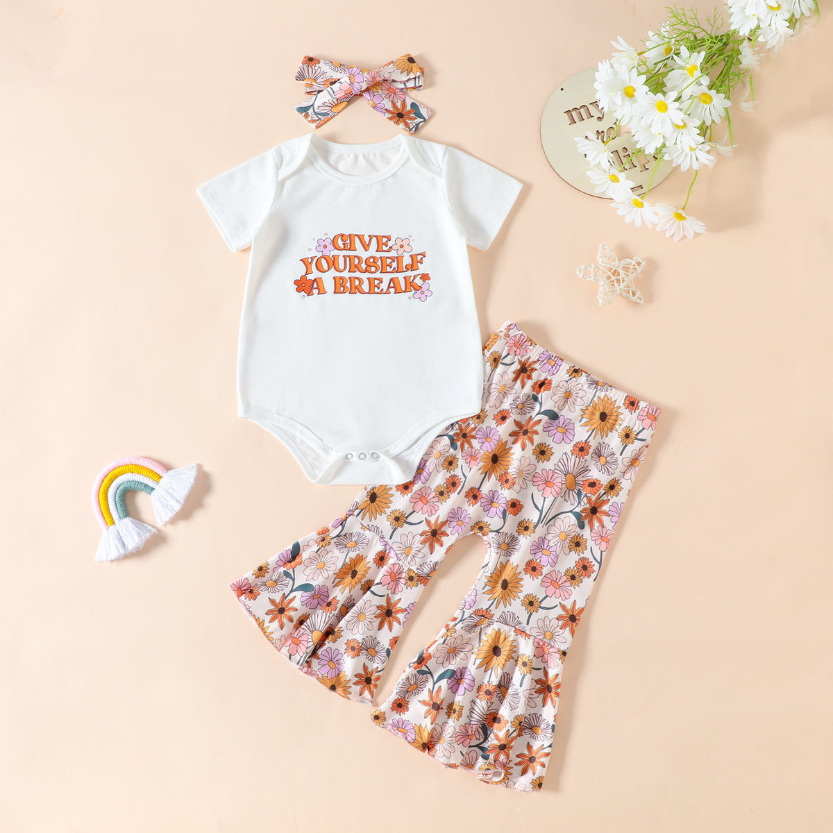 3 Pieces Set Baby Girls Letters Flower Print Rompers And Pants And Bow Headwear Wholesale 230407248