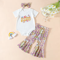 Load image into Gallery viewer, 3 Pieces Set Baby Girls Letters Flower Print Rompers And Pants And Bow Headwear Wholesale 230407248
