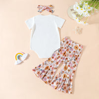 Load image into Gallery viewer, 3 Pieces Set Baby Girls Letters Flower Print Rompers And Pants And Bow Headwear Wholesale 230407248
