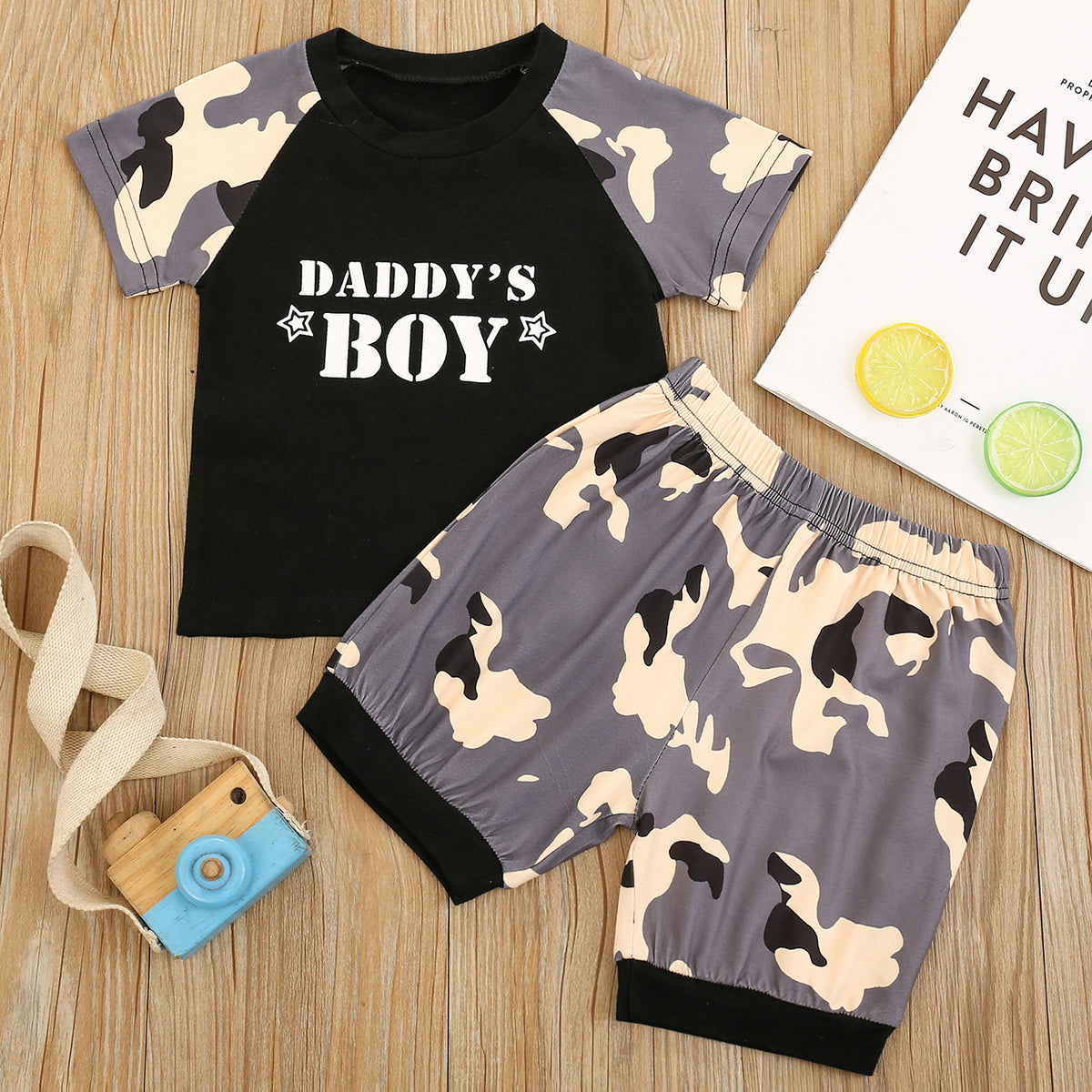 2 Pieces Set Baby Kid Boys Letters Color-blocking Print Tops And Camo Shorts Wholesale 230407252