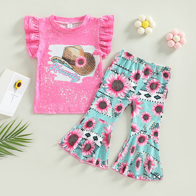 2 Pieces Set Baby Kid Girls Letters Flower Print Tops And Cow Pants Wholesale 230407256